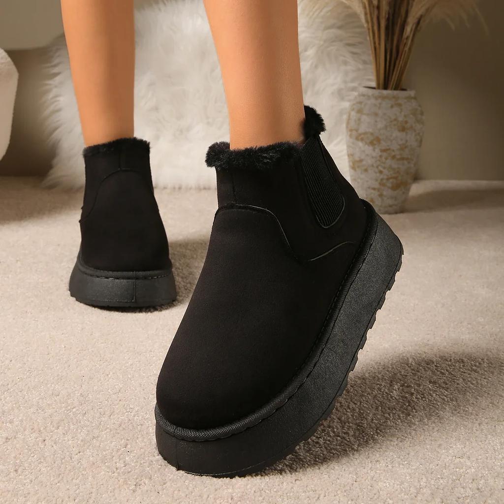 Fashion Hot Pink Thick Bottom Wedge Heel Warm Faux Fur Snow Boots Women Winter Short Plush Boots Woman Non Slip Cotton Chelsea Boots