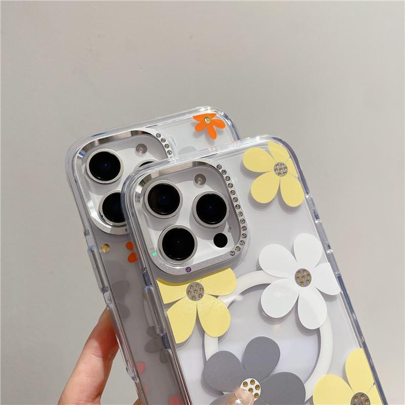 Applicable To Iphone16 Mobile Phone Case Diamond Lens Frame Apple 17 Transparent Magnetic Case Small Fresh Flower 15pro