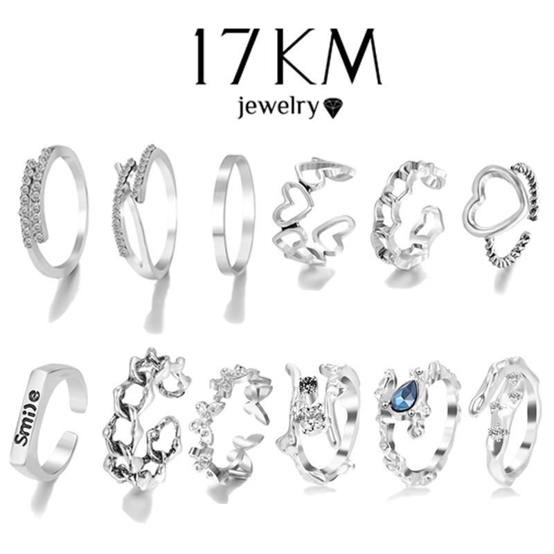 Kpop Silver Color Rings Set Y2K Crystal Heart Rings for Women Hollow Trendy Fashion Jewerly Emo Rings Accessories