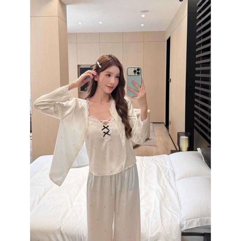 Pajamas Women's Ice Silk Autumn and Winter New Suspender Cardigan Three-piece Set Polka Dot Lace Hollowed Out Pure Princess Style Loungewear