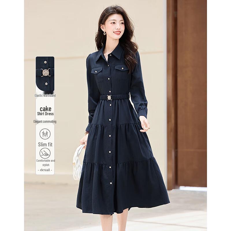 

Petite Elegant A-Line Tiered Shirt Dress with Elastic Belt L