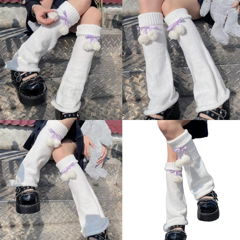 Women's Elastic Thermal Foot Covers with Furry Ball Bowknot Soft Knitted Leg Warmers Long Socks Cold Weather Accessories