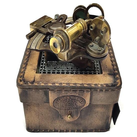 10,16 cm Mosiężny Sekstant Nawigacyjny z Brązowym Skórzanym Futerałem Astrolabium Morskie Instrumenty Okrętowe Prezent Rocznicowy Blat