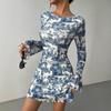 Autumn Elegant Flare Sleeve Backless Vintage Print Sexy Bodycon Mini Prom Dress Women Outfit Evening Party Festival Y2K Dresses