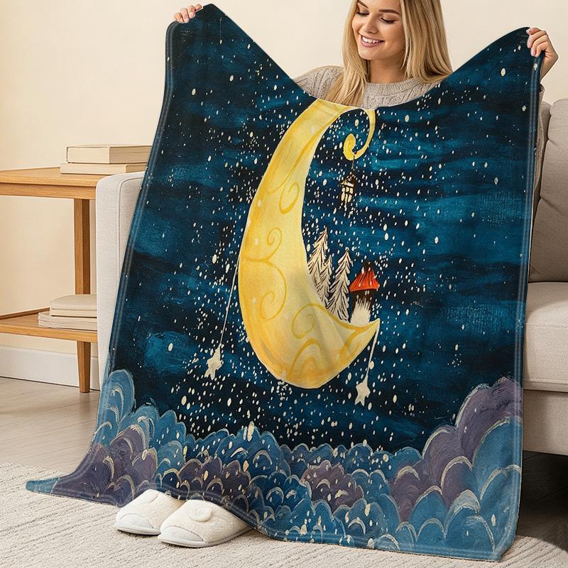 Dreamy Moonlit Night Flannel Blanket Soft, Skin-Friendly, Warm & Cozy, Pilling-Resistant, All-Season for Postpartum Care & Home Casual Use