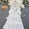 Retro court style lantern sleeve dress women's summer hollow crochet single-breasted light mature temperament royal sister long skirt