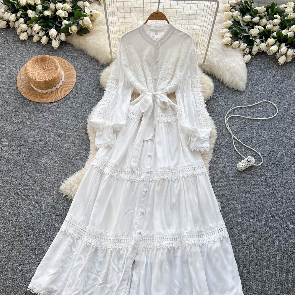 Retro court style lantern sleeve dress women's summer hollow crochet single-breasted light mature temperament royal sister long skirt