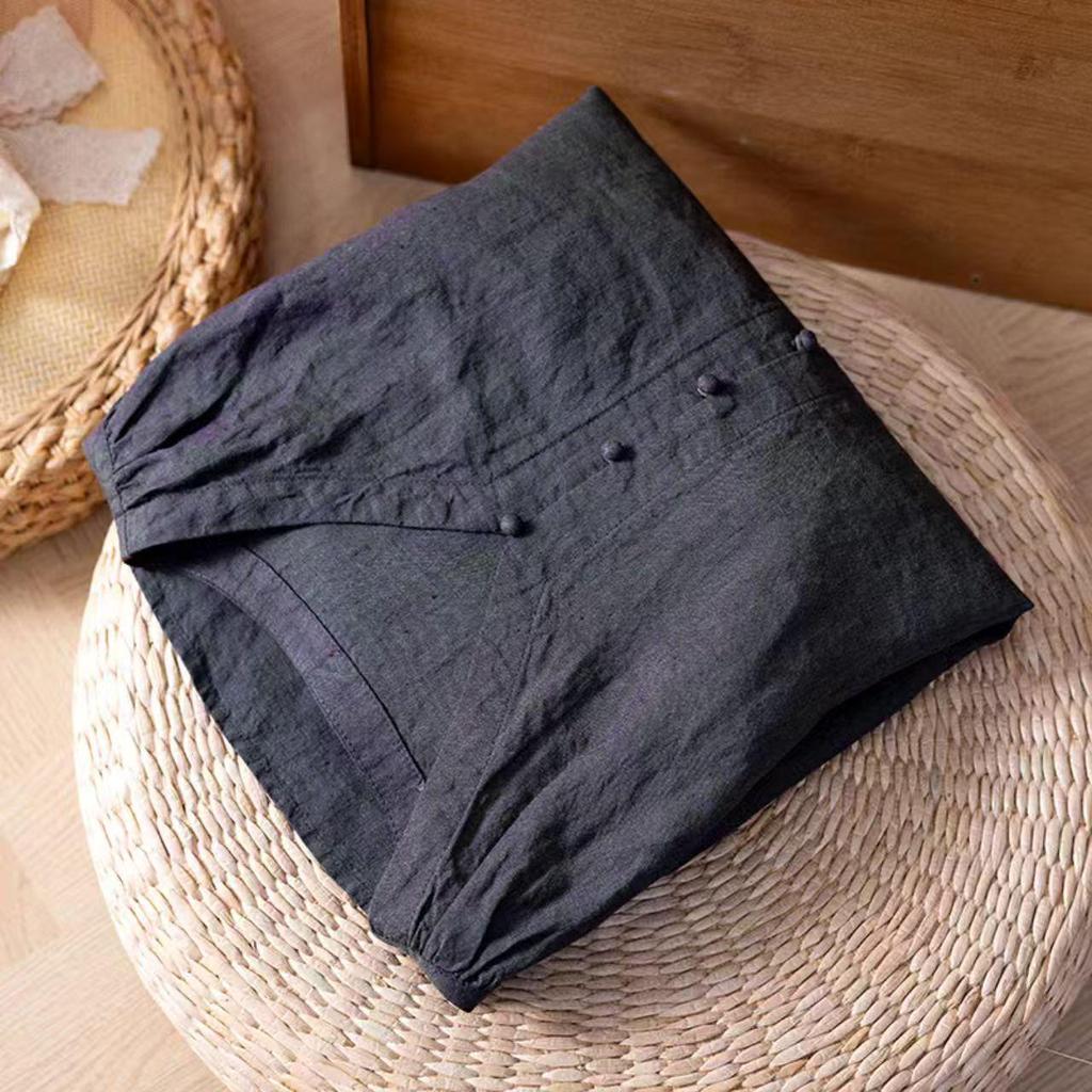 2026 Spring Women's Long Sleeve V-Neck Hemp Shirt - Artistic, Solid Color, Casual & Versatile.