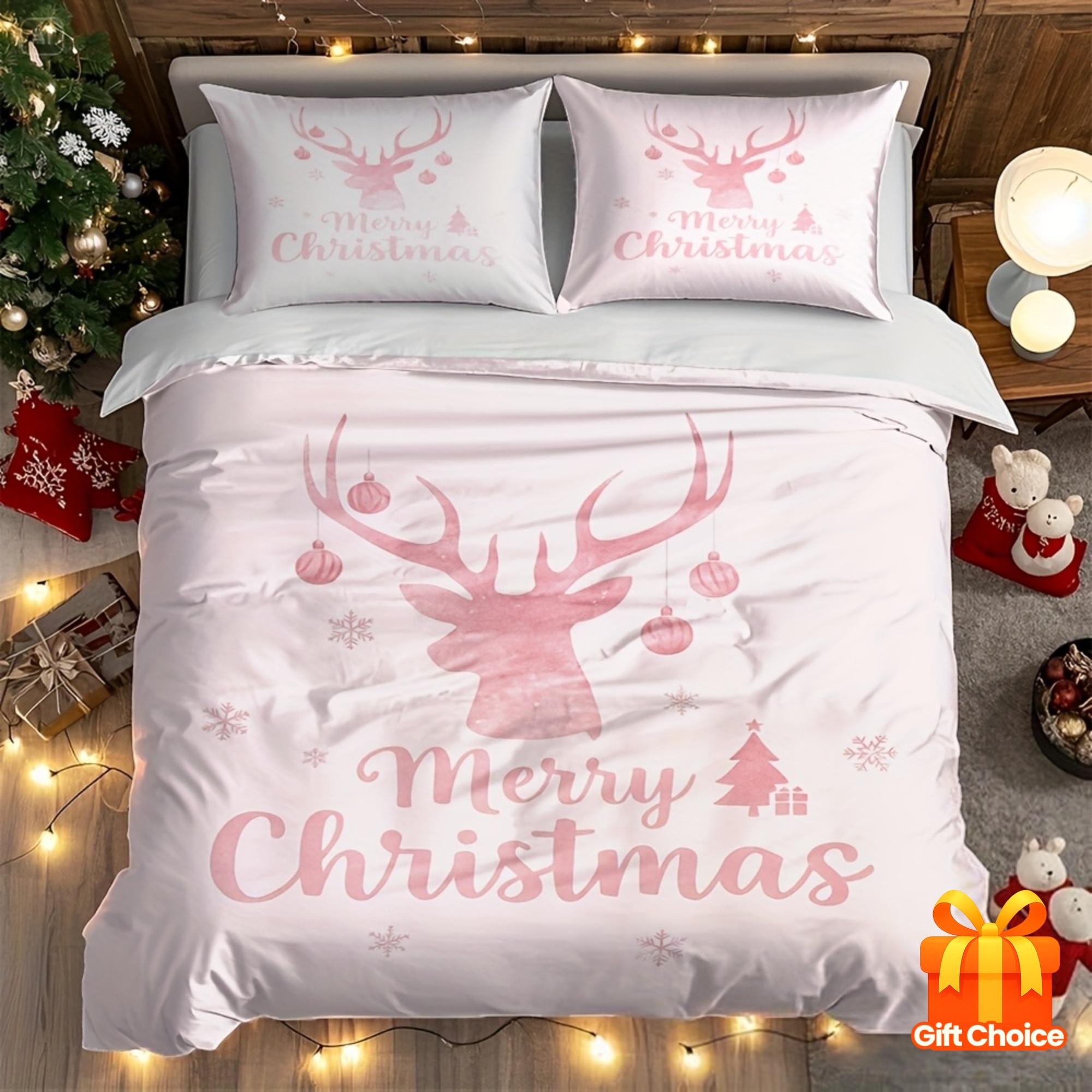 

3Pcs Pink Christmas Reindeer Print Bedding Set, 1 Duvet Cover + 2 Pillowcases, No Insert, Soft & Comfortable - Machine Washable Duvet Cover Set&EU Single(135x200cm)
