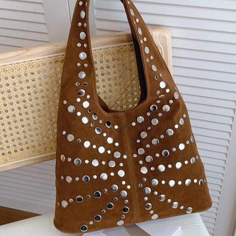 European American Fashion Tote Bags Stylish Shoulder Bags With Studs Dots New Suede Handbags Versatile Solid Color Commuter Bags