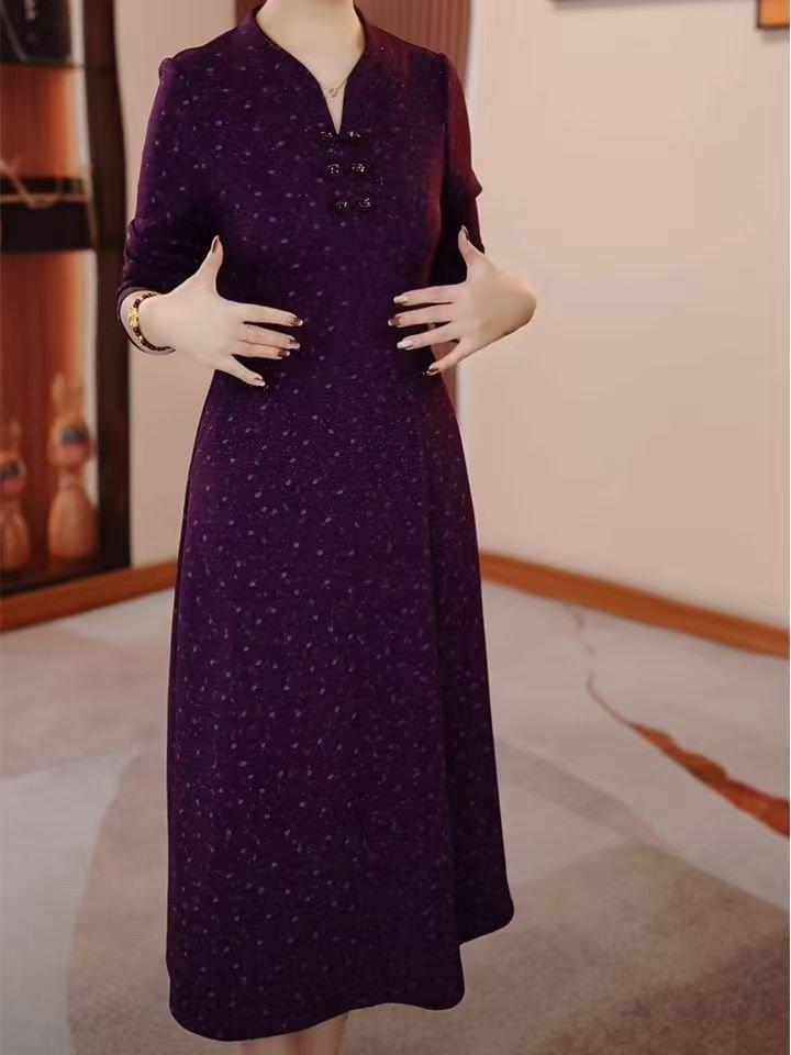 2025 Spring/Autumn Elegant Waist-Slimming Midi Dress for Middle-Aged & Elderly Women