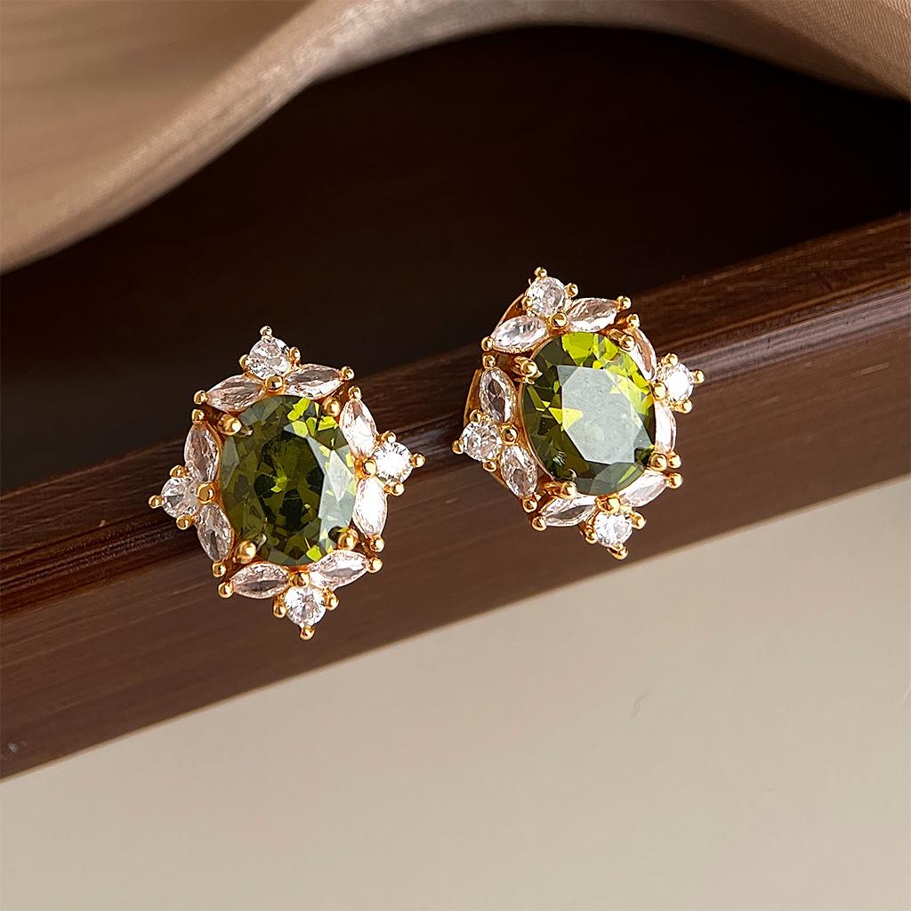 Vintage French Geometric Pigeon Egg Zircon Stud Earrings – Silver Needle, Light Luxury Style for Women