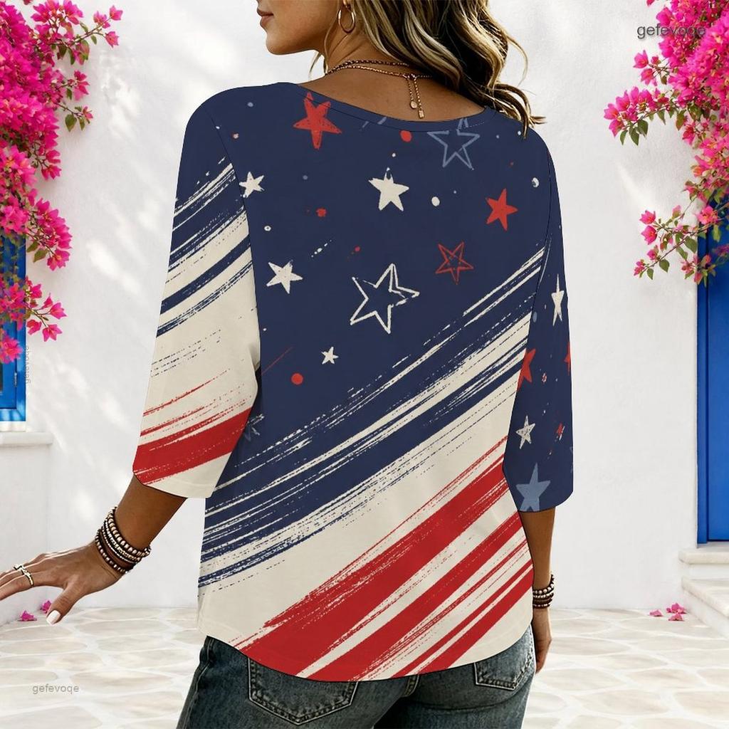 Women Plus Size Round Neck 3 4 Sleeve Star Stripe Printed Loose Blouse Navy Red White