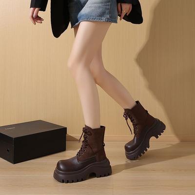Dicksohlige erhöhte dünne Martin-Stiefel Damen Herbst und Winter neu Revers Schnürstiefel kleine Werkzeugstiefel Kurzstiefel