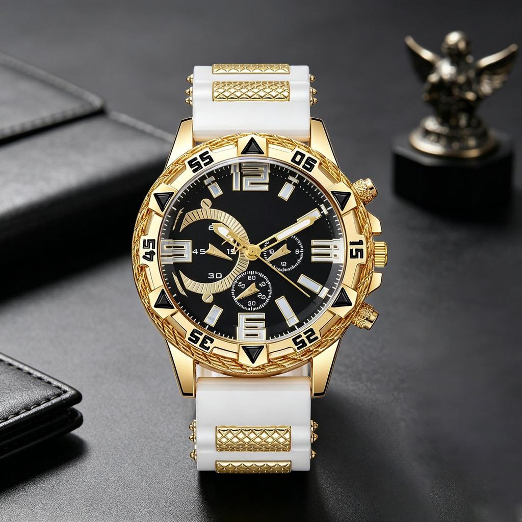 Fake Three-Eye Sports Wind Silicone Strap Big Gold Watch Multi-Color Fashion Business Versatile Men'S Quartz Watch