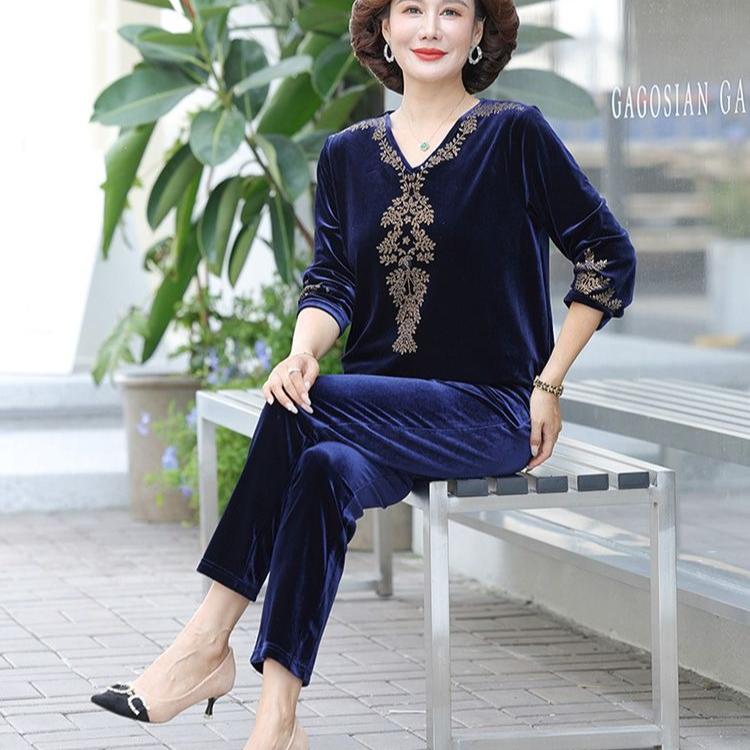 2pcs Pants Suits Spring Autumn Women's Gold Velvet Plus Size Blouse High-waist Velvet Harem Pants Two-piece Set