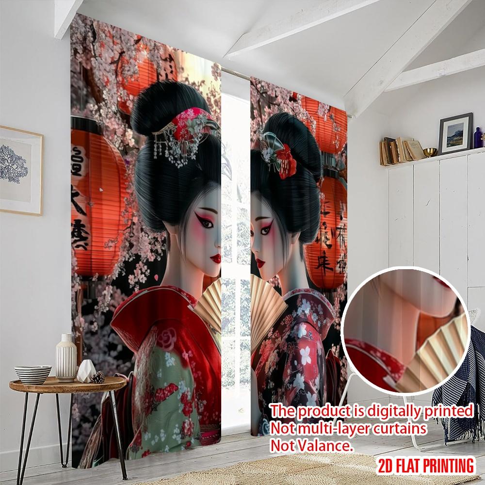 2 szt., druk płaski 2D Popularne zasłony Spotkanie kwitnącej gejszy Trwała tkanina 100% poliester (bez pręta) Dekoracje wewnątrz