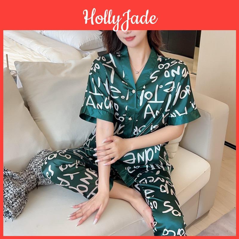 Set Women Nightwear Silk Pajamas Ladies Summer Kimono Short Sleeve Trousers Cartoon Cardigan Premium Sleepwear Loungewear
