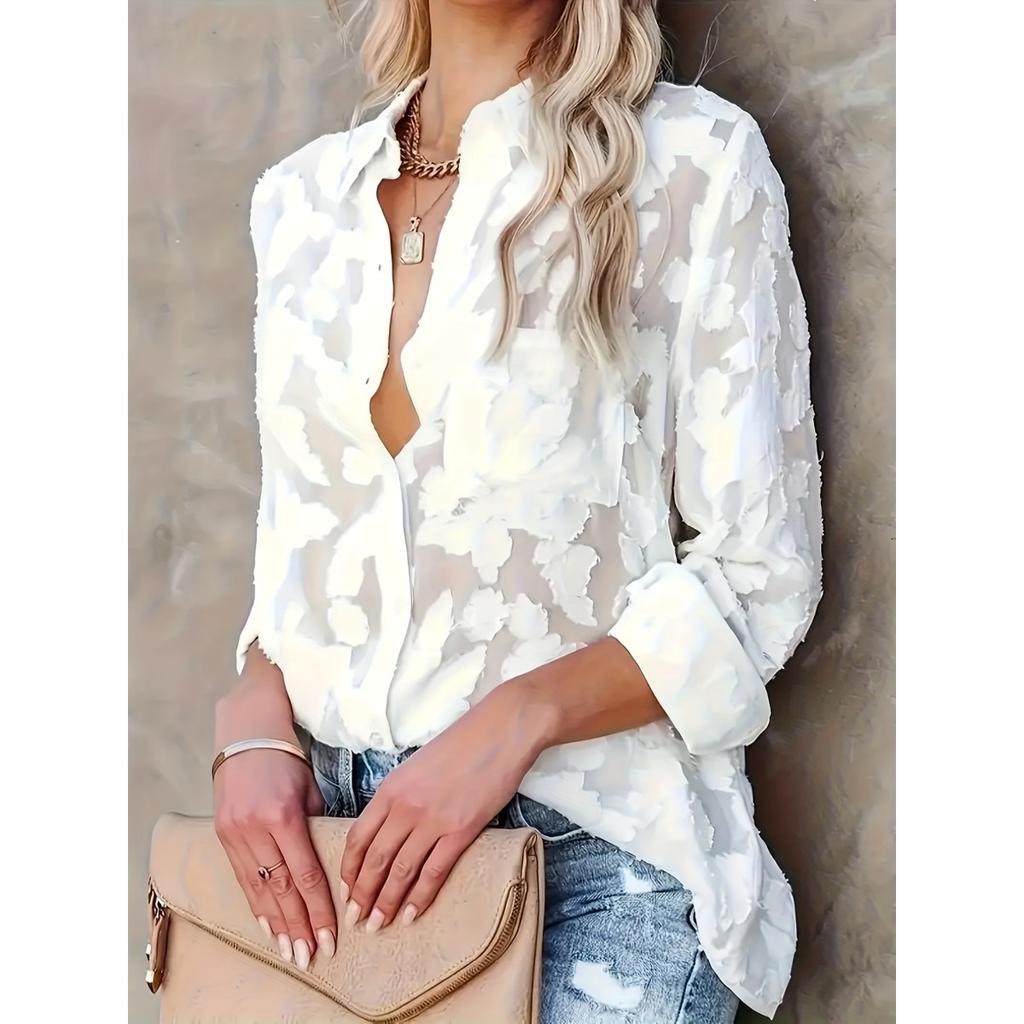 Luxurious Jacquard Sheer Blouse - Stylish Button-down with Elegant Long Sleeves - Perfect for Spring and Fall Closets!