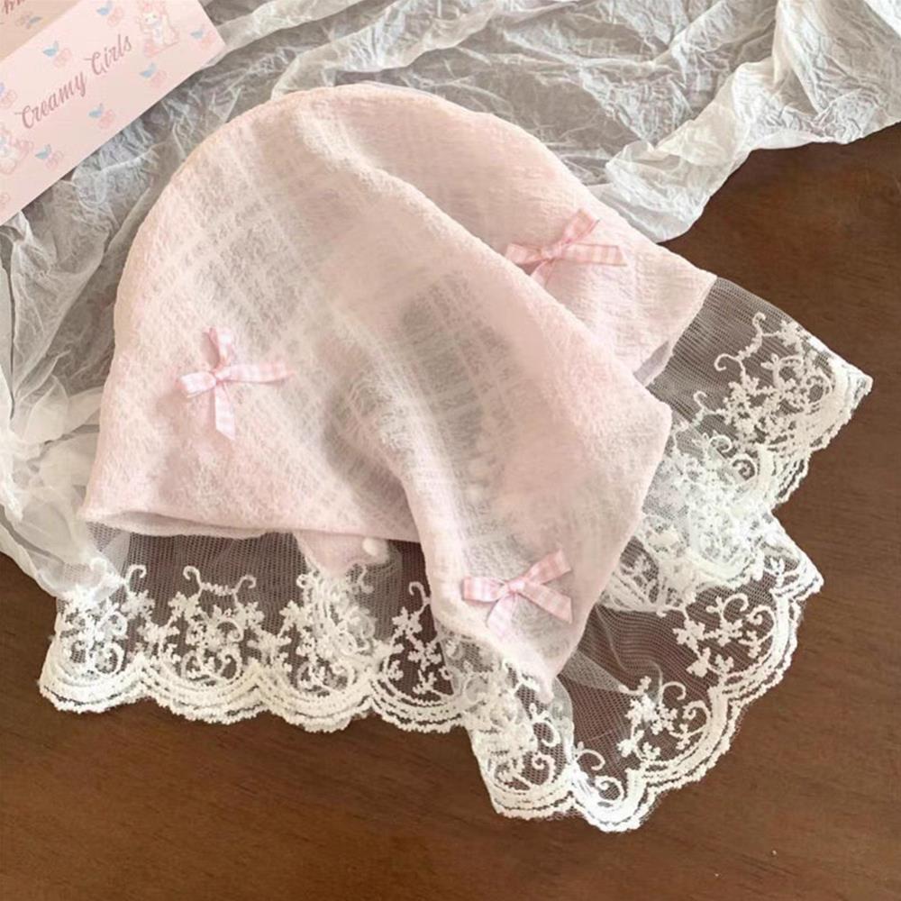 

2025 Lace Bowknot Hair Scarf Wraps Women Retro Triangle Headscarf Summer Sunscreen Headscarf Hat Travel Photo Hair Accessories світло-рожевий колір