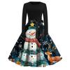 Women's Fashion Round Casual Slim Fit Christmas Print Large Swing Long Sleeve Dress