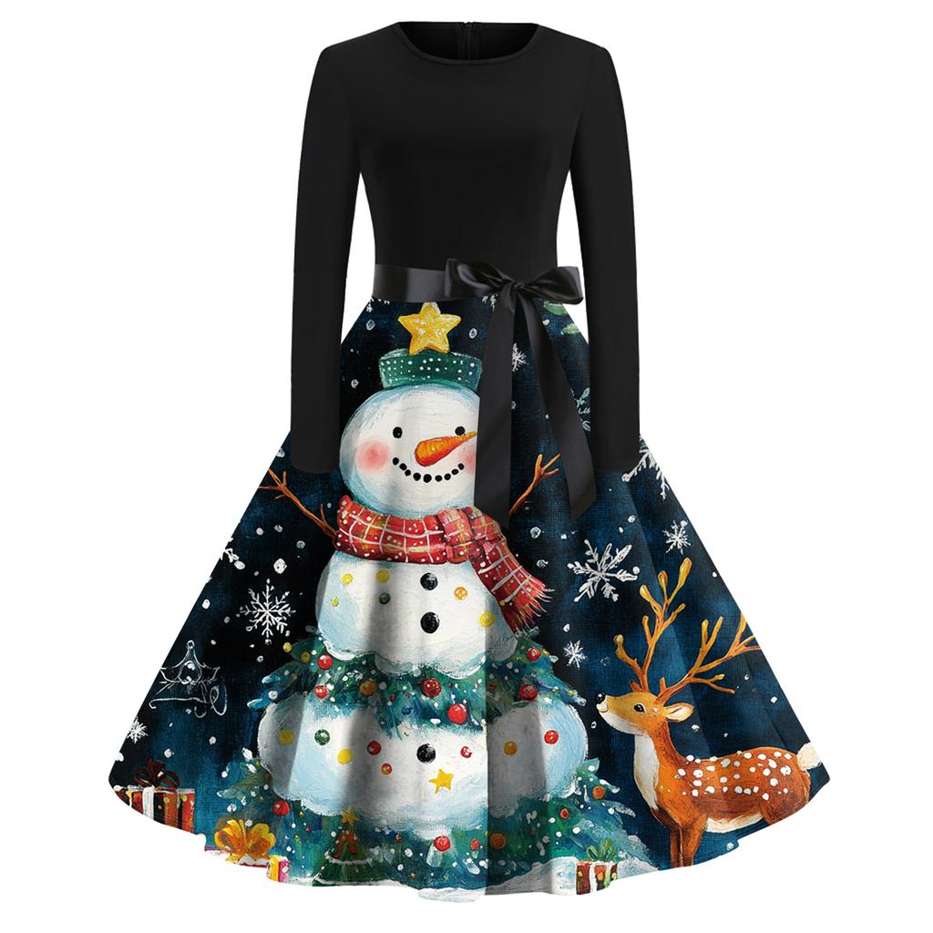 Women's Fashion Round Casual Slim Fit Christmas Print Large Swing Long Sleeve Dress