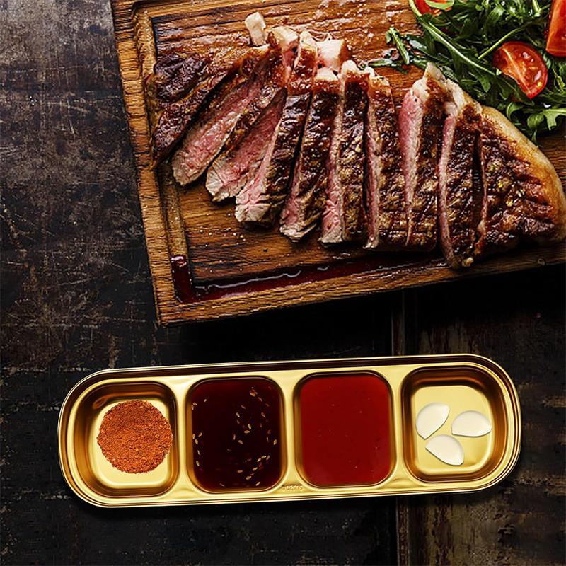 2pcs Stainless Steel Sauce Dish 4 Grids Divided Dipping Plates Seasoning Sauce Dip Bowl Vinegar Soy Spice Condiment Tray