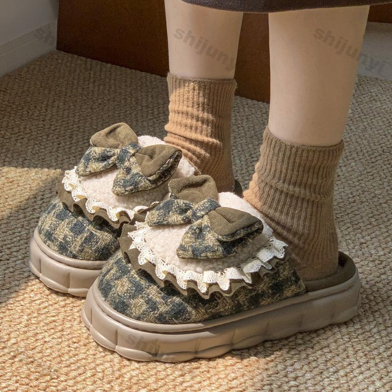Fashion Woman Retro Fashion Bow Cotton Slippers Female Autumn Winter Indoor Home Slippers Winter Warm Soft Plush Girls Cotton Footwear