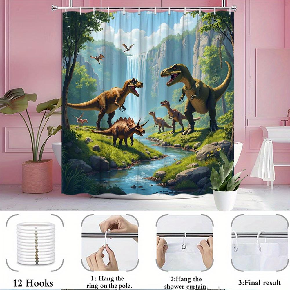 1Pc Shower Curtain - Prehistoric Dinosaur Scene With Waterfall And Lush Greenery, Perfect For Bathroom Decoration
