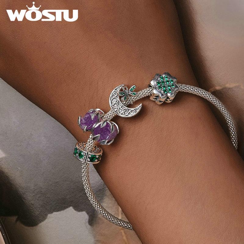 WOSTU 925 Sterling Silver Roses & Moon Dragonfly Charm Four-leaf Clover Beads for Women Girls Bracelet & Bangle DIY Jewelry