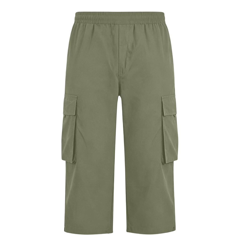 Men Drawstring Waist Multi Pocket Casual Capri Pants Loose Fit Knee Length Cargo Trousers for Outdoor Daily Wear