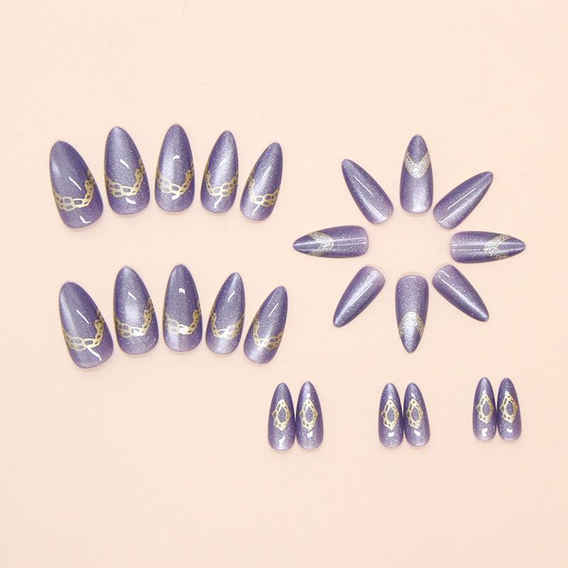 W1780 Elegant Purple Cat Eye Glue On Press On Nails Minimalist European For Ladies Non Special Cosmetics