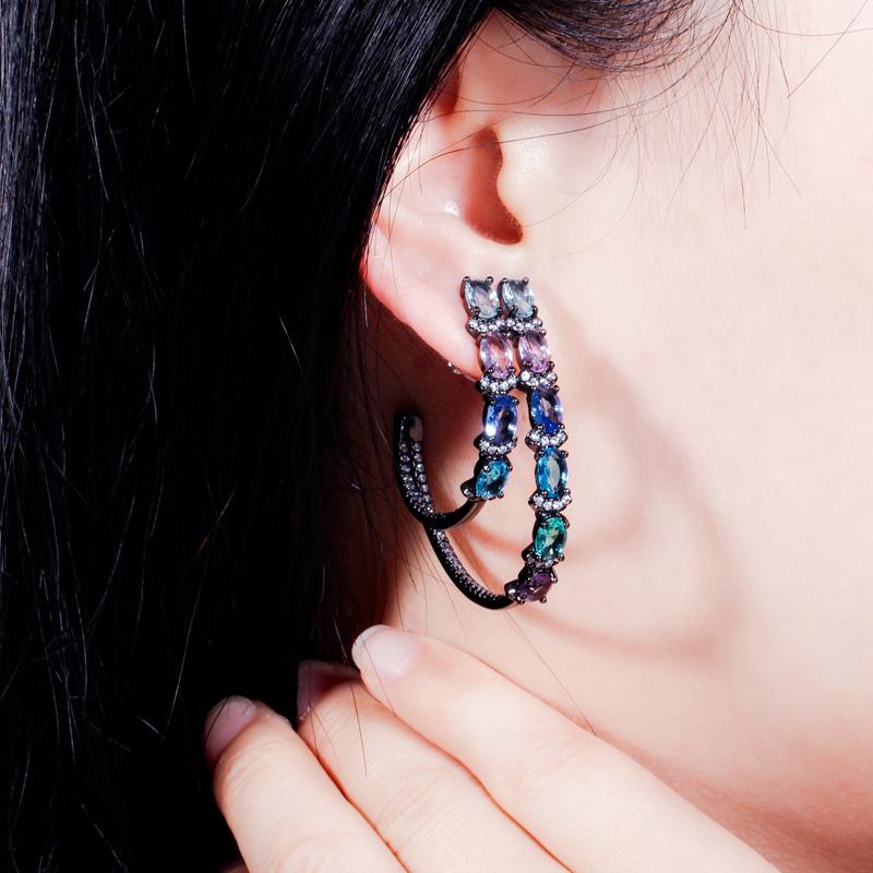 WWJ New Fashion Design Black Golden Color Bohemian Multicolor Zircon Double Hoop Earrings
