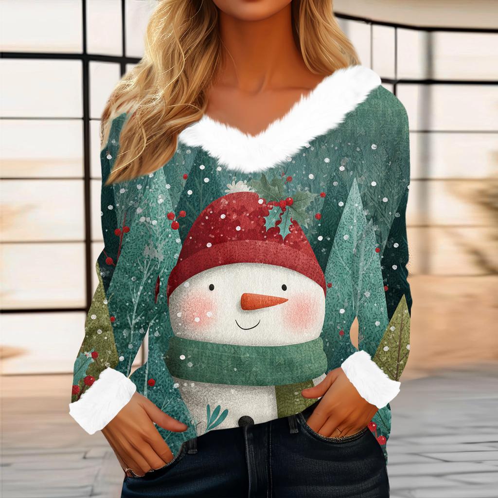 Women's Casual Fashion Long Sleeve Christmas Printed Flannel Collar Top