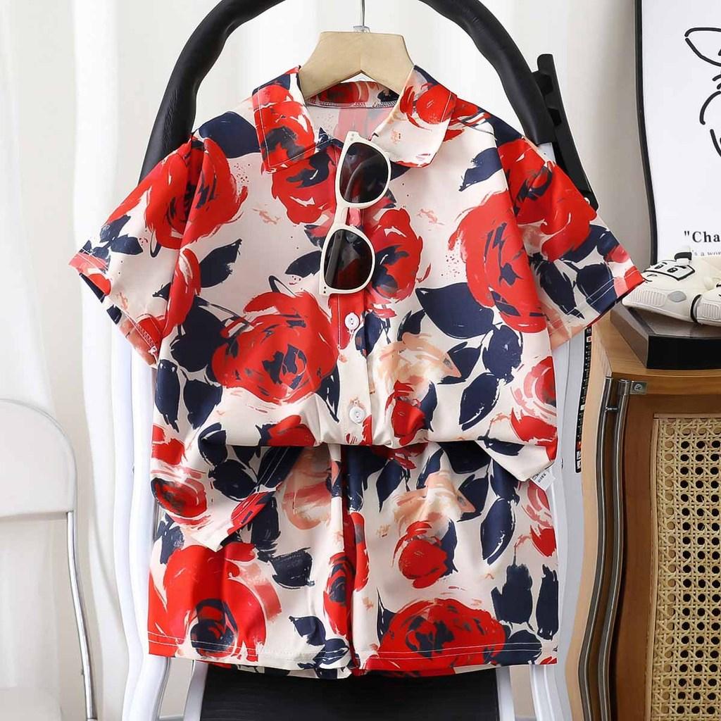 Summer Kids Cotton Blend Floral Shirt Shorts Set For Boys And Girls