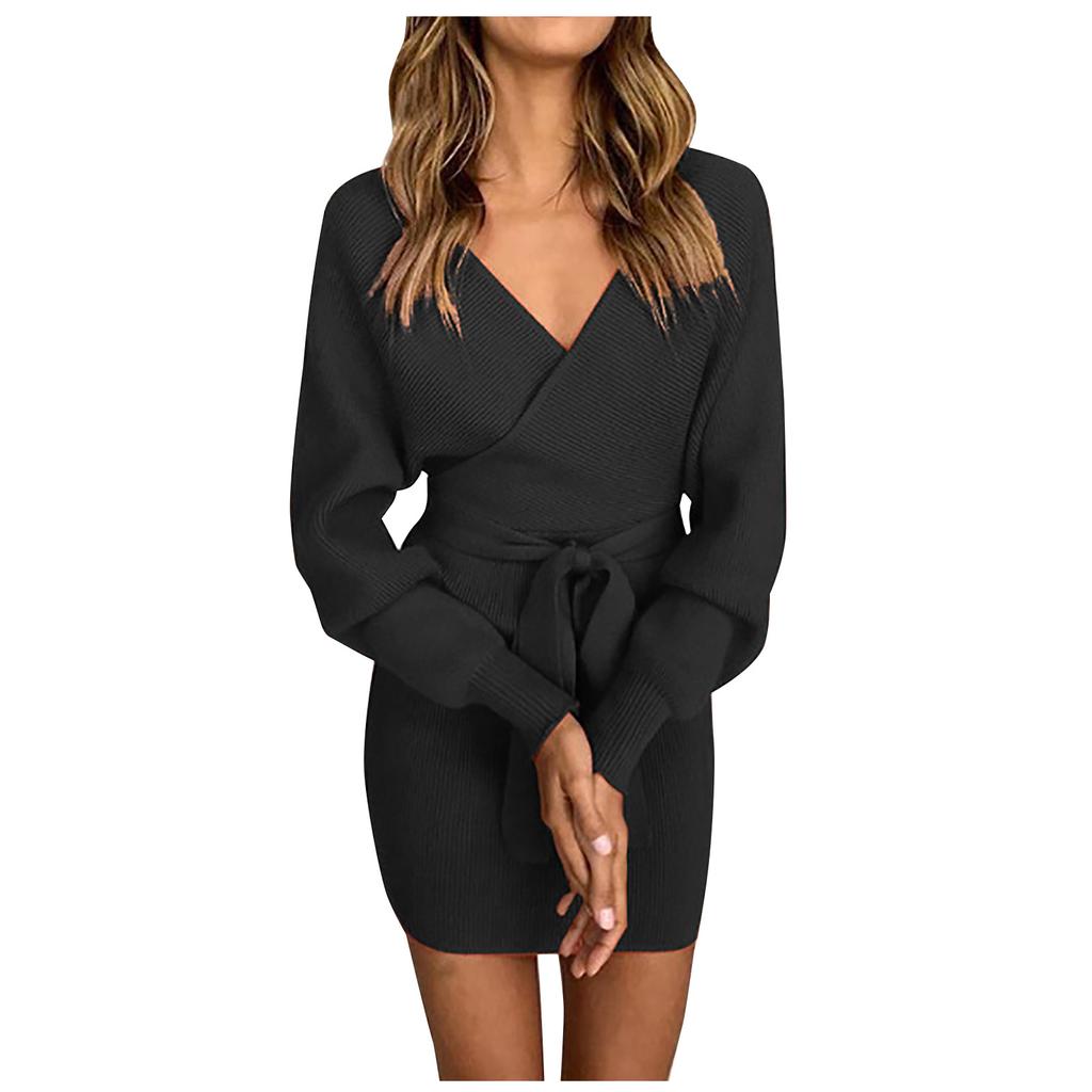 Women Fashion Casual Color Color Open Back Waistband Cross V-neck Bag Hip Slim-fit Knee-length Long-sleeved Dress