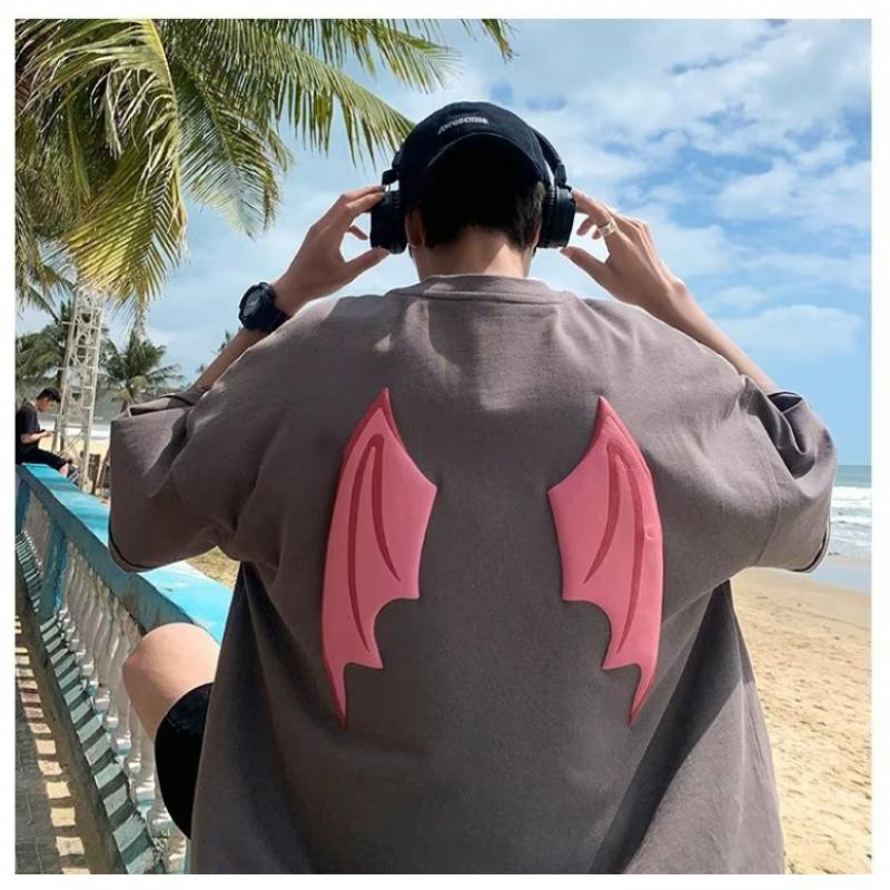 Devil Wings T-shirt Men's Short-sleeved Trendy Loose T-shirt Summer And Autumn New American High Street Tops Short-sleeved Men