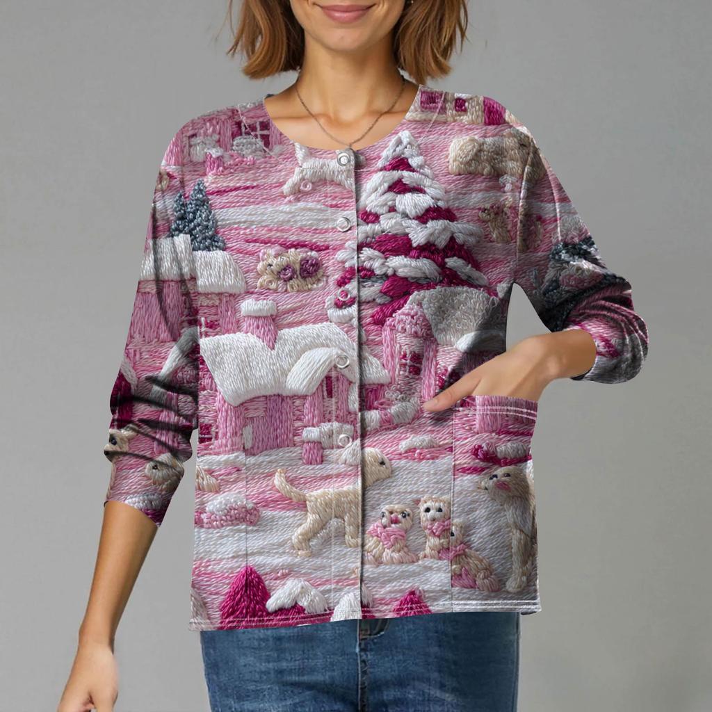 Women's Casual Long-Sleeved Single-Breasted Christmas-Themed Print  Cardigan