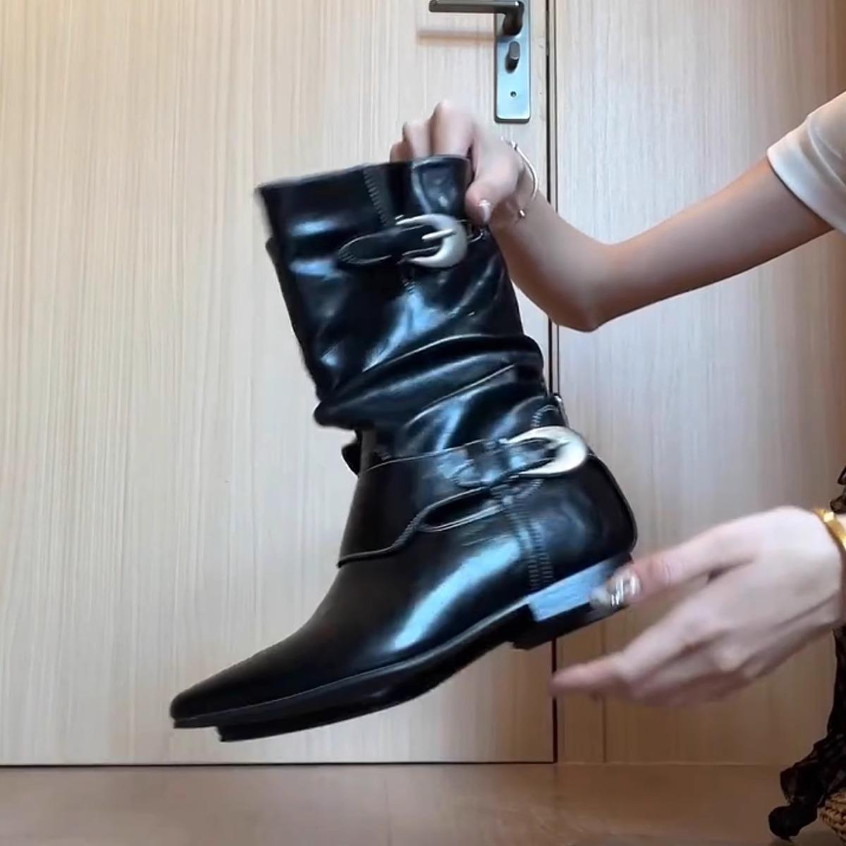 

2025 new~ niche design retro Martin boots belt buckle thick heel pointed metal buckle black boots women 35