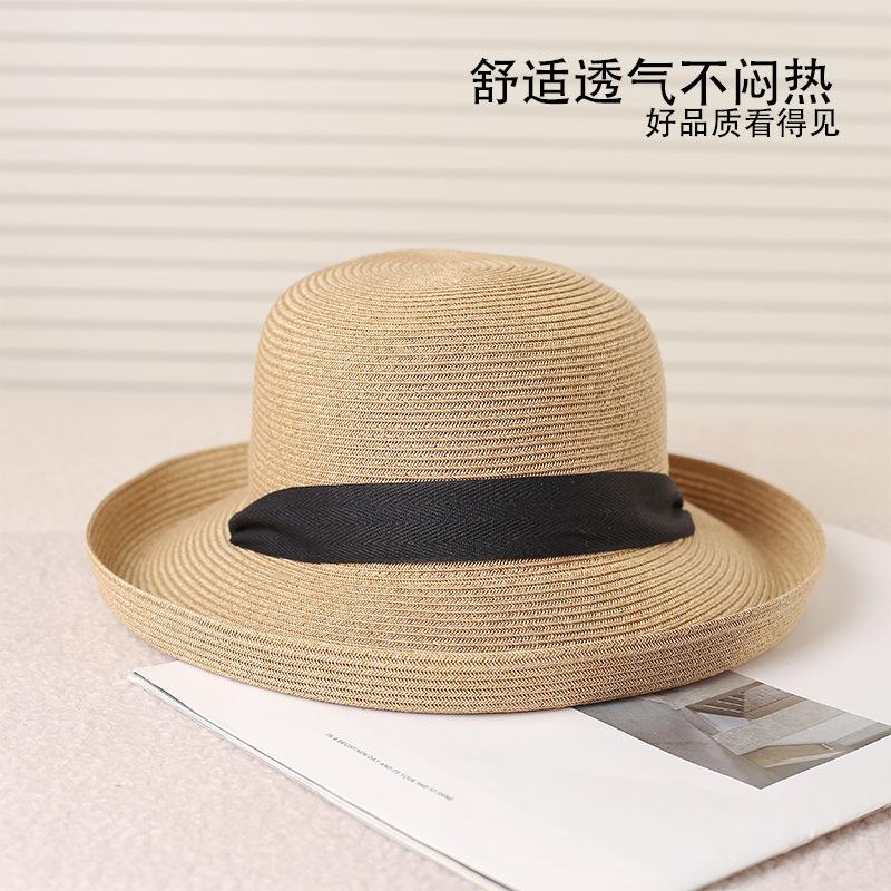 New Trendy Summer Women'S Straw Hat Rolled Edge Bow Breathable Sunscreen Large Eaves Sun Hat Shading Sun Beach Seaside Cap