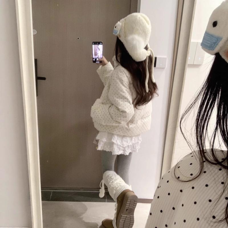 Sweet polka dot fur collar corduroy cotton jacket loose thickened warm short bread clothing in autumn and winter