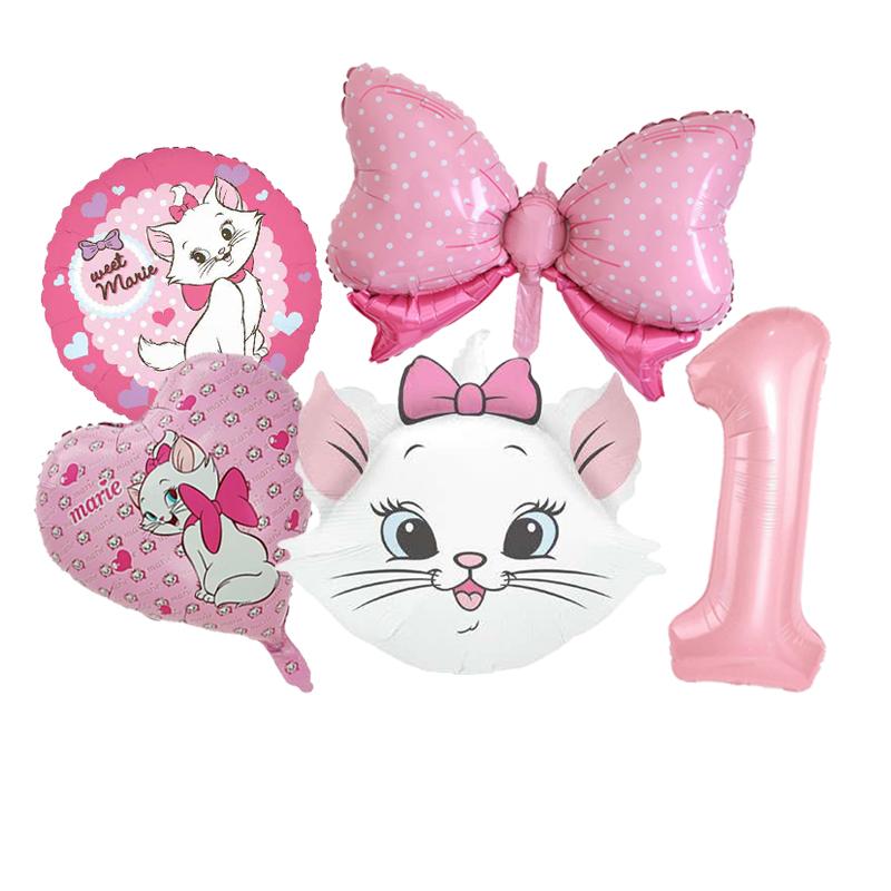 5pcs Marie Cat Bow Balloons Pink Girls Birthday Party Balloons Decoration Cartoon Marie Cat Animal Pet Balloon Baby Shower Decor