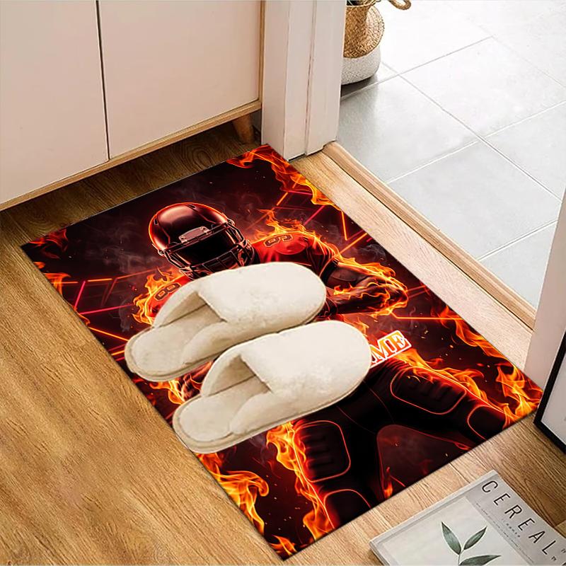 1PC Custom Name Flaming Football Player Theme Floor Mat Ideal for Living Room, Game Rooms, Office, Bedroom,Floor Mat Playful Design