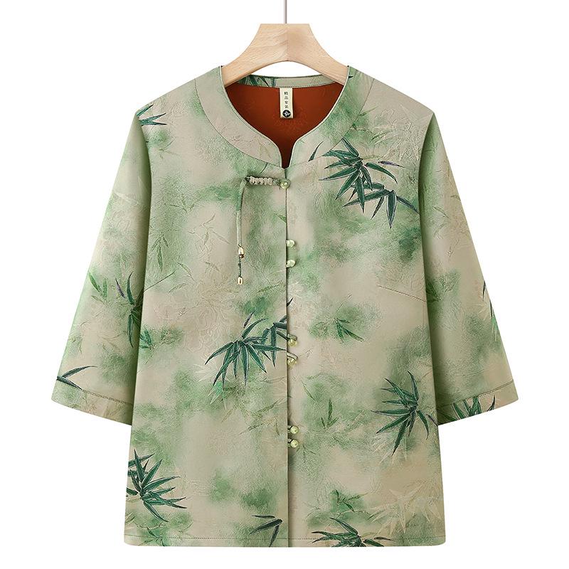

Chinese Style Summer Tops for Middle-Aged & Elderly Women, Includes Mid-Sleeve Shirts for Moms and Grandma s New Tops for 70-80 Year-Olds. 4XL (130-140 jin) зелёный