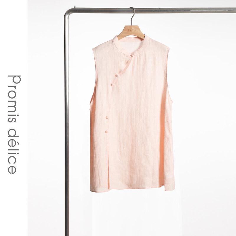 Women s New Chinese Style Linen Sleeveless Shirt with Frog Buttons S