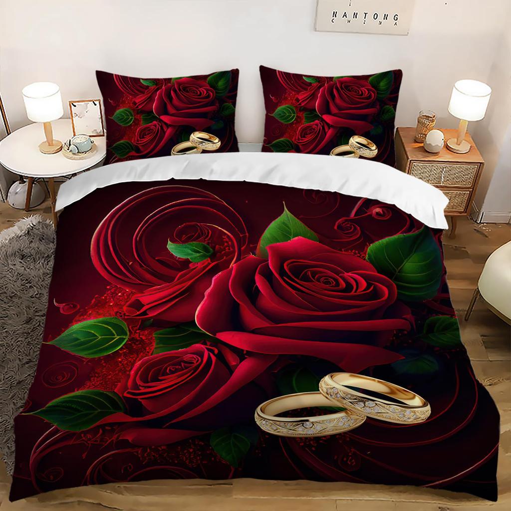 Red Rose Duvet Cover Set King Size, Red And White Comforter Cover Sets With Zipper Closure, Romantic Hearts Lover Bedding Set