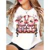 Women Retro Cute Pig Couple Print T-Shirt Black Round Neck Short Sleeve Valentine's Day Casual All-Season Machine-Washable Top
