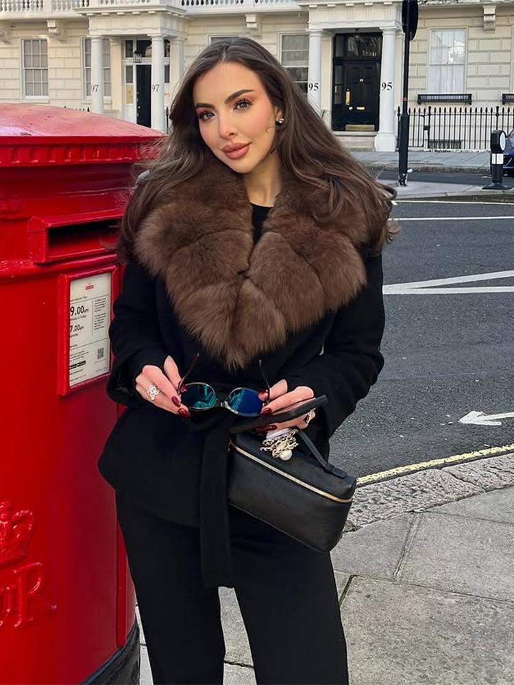 

Women s V-neck Tied Waist Artificial Wool Winter Slim Fit Coat XS чорний