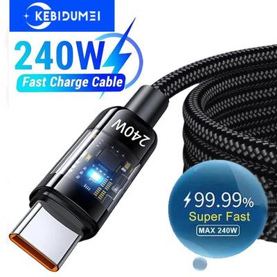 240W Super Fast Charging Cable USB C Interface Nylon Braided Transparent Type C High-speed Charger Wire Fast Charging Data Cord
