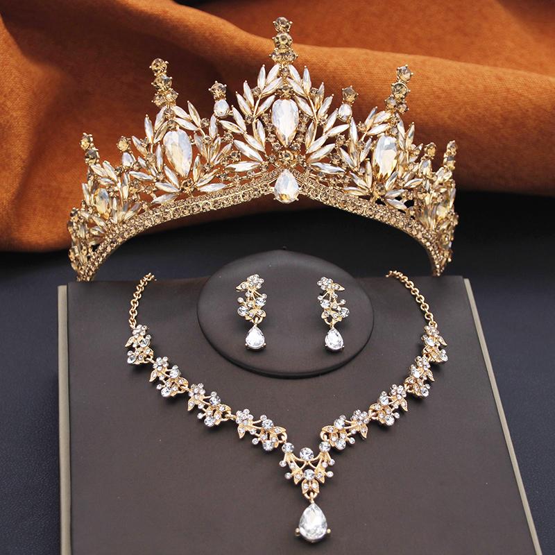 Gorgeous Water Drop Tiaras Bridal Crown with Necklace Earring Sets Wedding Bride Jewelry Set for Women Party Birthday Gifts